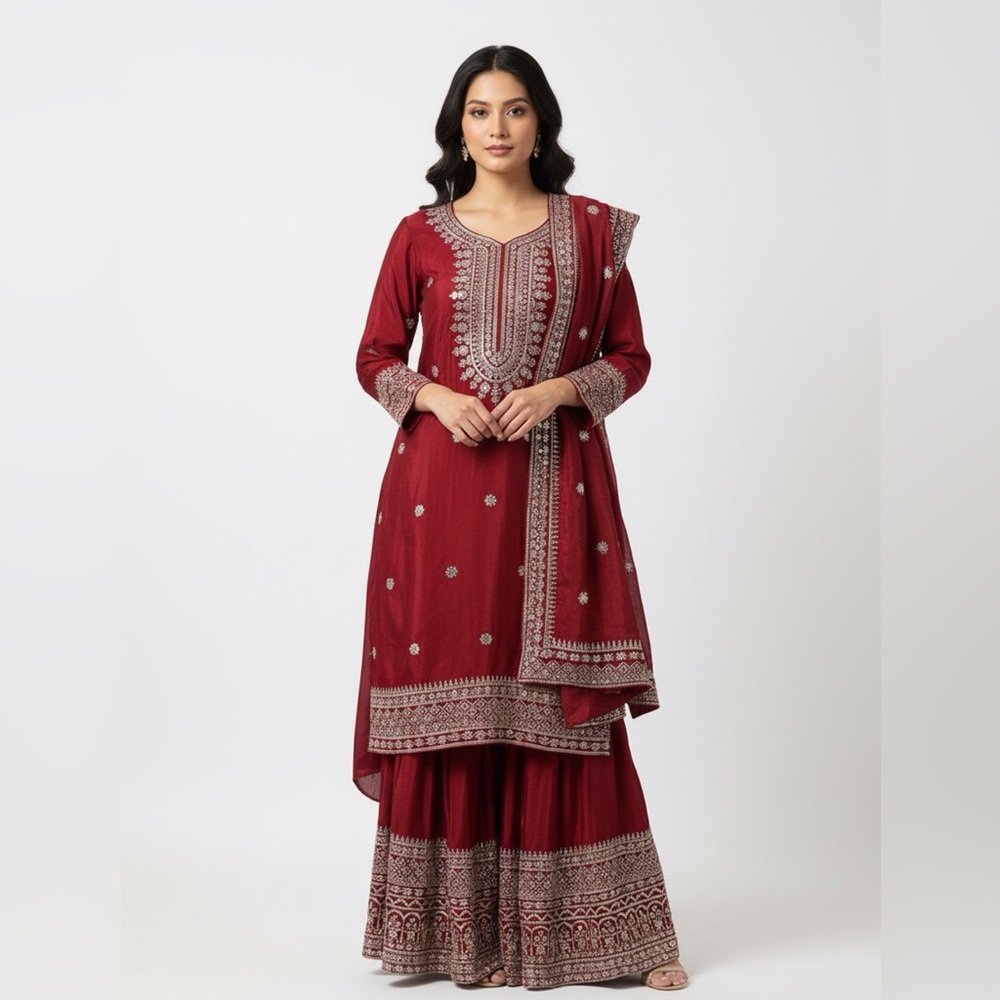 Pakistani/ Indian Maroon Sequin Embroidered Chenderi Top, Sharara Set Dupatta-3 - Picture 6 of 7